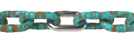 Old rusty blue chain with new strong pieceの写真素材