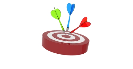 tree darts hitting the center of a target the darts are made of differents colours, isolated over a white backgroundの写真素材