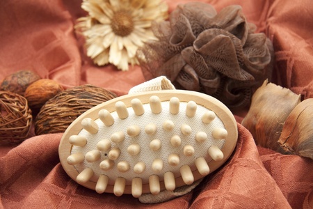 Massage brush on tableclothの写真素材