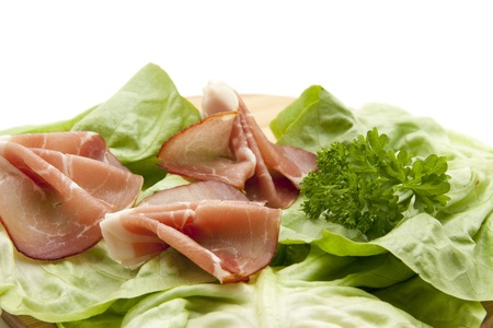 Ham on salad leafの写真素材
