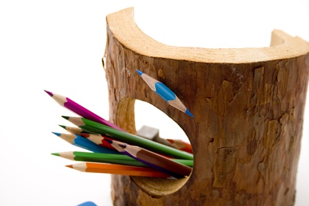 Coloured pencils with wooden barkの写真素材