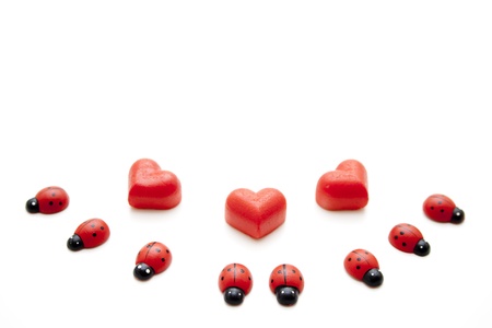 Wooden beetle and marzipan heartの写真素材