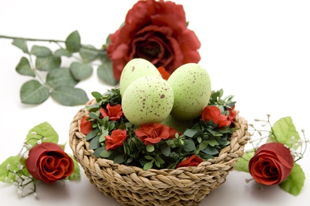 Easter eggs in the flower boxの写真素材