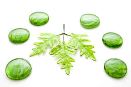  Green glass stones with leaf