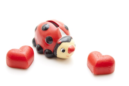Beetle savings tin with marzipan heartの写真素材