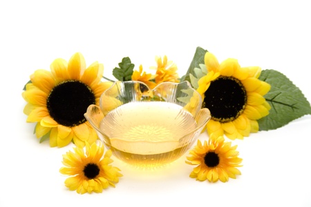 Sunflower with sunflower oilの写真素材