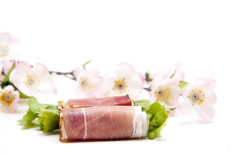 Ham bacon with flower branchの写真素材