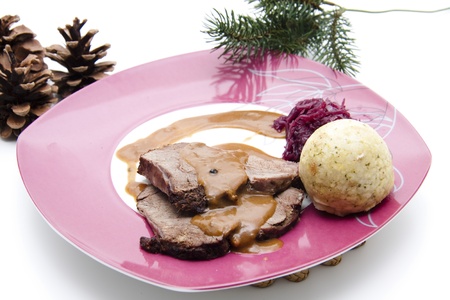 Roast venisons with sauce and fir branchの写真素材