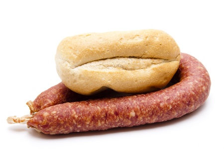 Farm smoked sausage spread with bread rollの写真素材