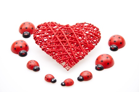  Red heart with wooden beetle の写真素材