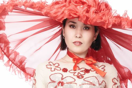 portrait of the girl in red hat, studio shotの写真素材