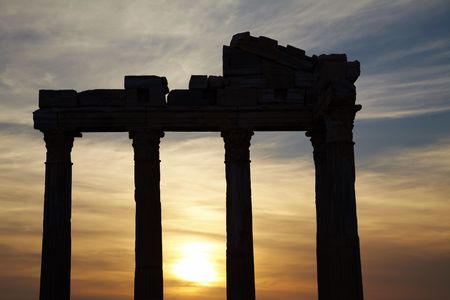 Digital composite sunset and classic greek style Apollo temple ruins in Side Turkeyの写真素材