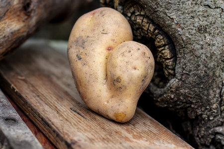 Heart shaped potato standing on the wood background. Horizontal imageの写真素材