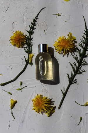 Transparent beauty product bottle on a white background decorated with green leaves and yellow...