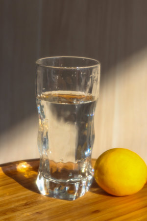 A glass of water and lemon . Morning beginning after waking up. Healthy lifestyle