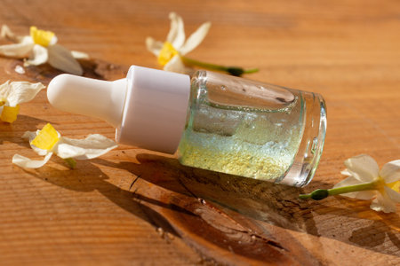 angle view Beauty product bottle on the natural wooden background for mock up.