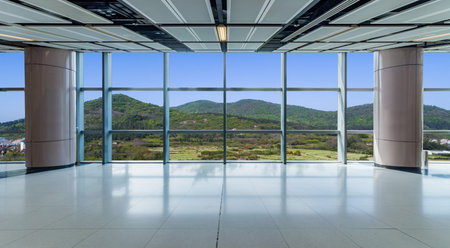 Panoramic skyline and buildings from glass window