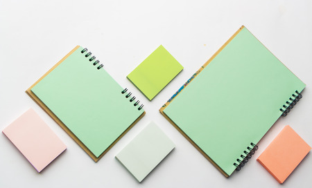 Modern samples of stationery, notebooks, stickers and pencils.の写真素材