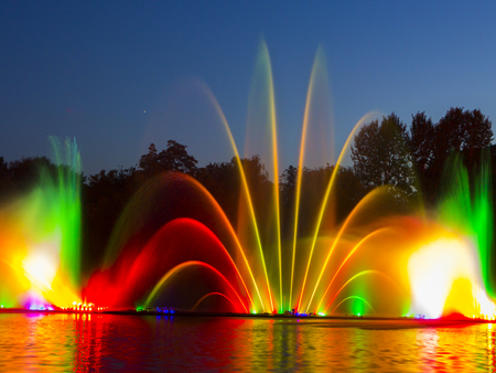 The city of Vinnytsia is a waterfront near the Roshen plant, in the evenings the fountain shows a laser show for residents and guests of the city.の写真素材