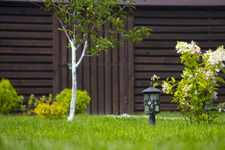 garden lamp, made in the Middle Ages, on a lawn with a juicy green grass.の写真素材