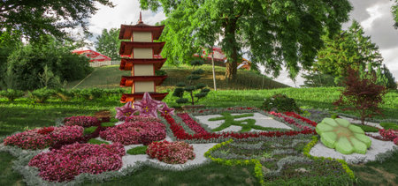 A neat colored well maintained garden in Japanese styleの写真素材