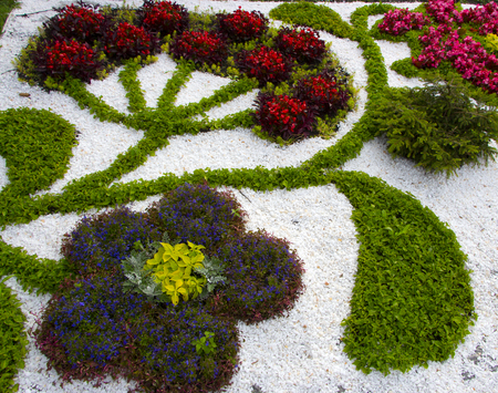Marble chips and many annual flowers in rockeries.の写真素材
