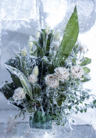 Ice sculpture of red flowers in a frozen block of iceの写真素材