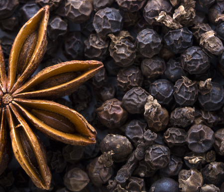 star anise and black pepper close upの写真素材