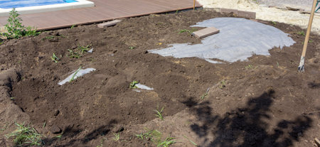Gravel cushion under the alpine hill, the process of planting the siteの写真素材