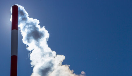 The pipe of the plant emits harmful substances into the atmosphere. Close-up on a sky backgroundの写真素材