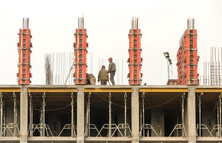 reinforced concrete wall of a multi-storey building in the process of construction.