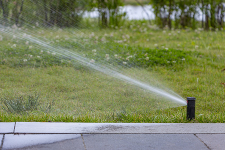 automatic sprinkler system watering the lawn on a background of green grass, close-upの写真素材