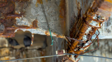 Damaged bridge support close - up transportatin concrete close up