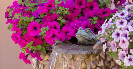 decorative frog adorns a fountain in which pelargonium grows