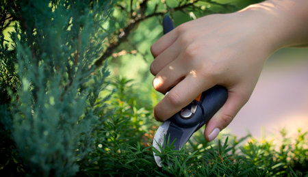 The gardeners hand cuts the unnecessary twig of the yew with a secateur, close up
