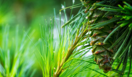 Young pine cones, with drops of resin on the surface. Macro photography