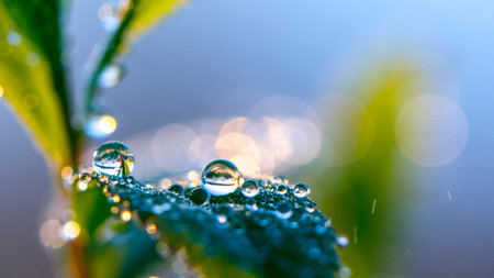Dew drops on a green leaf close up