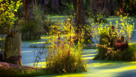 A swamp in a pine forest, completely covered with algae, Landscape