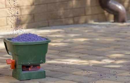 Manual fertilizing of the lawn in back yard in spring time close upの写真素材