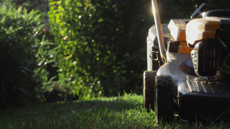 Lawn mower cutting green grass in backyard.Gardening background.の写真素材
