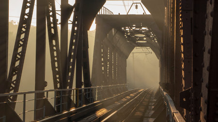 A railway bridge in the morning fog or smoke through which the rays of the sun shine background.