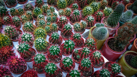 Different types of colorful cactus on a counter of shop close upの写真素材