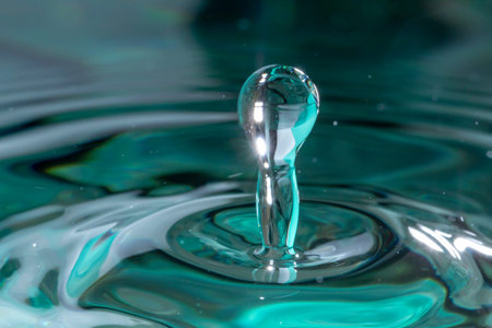 Drops of rain fall into the water, selective focus close up