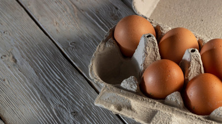 Chicken eggs in cardboard rack or egg box on white table.