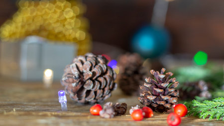New Year's background with gifts, conifer branches. Copy space