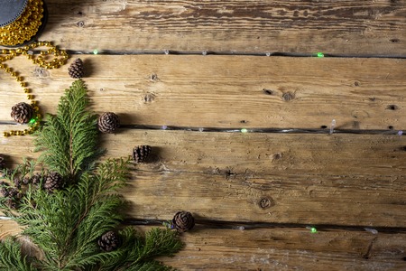 New Year's background with gifts, conifer branches. Copy spaceの写真素材