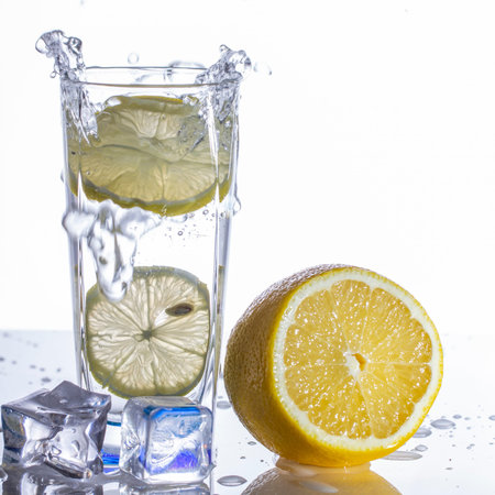 A glass of lemonade on a light background with splashing water close upの写真素材