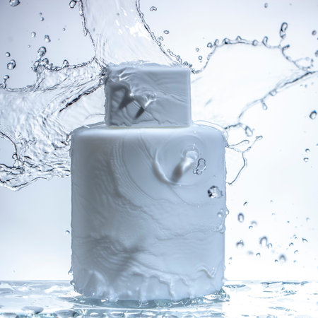 Bottle of still healthy water with splashes on white background