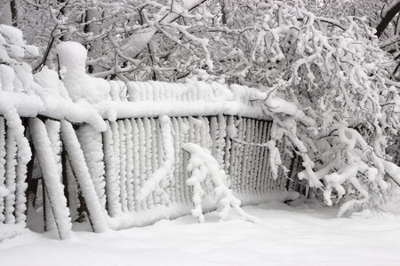 Old wooden snow covered wooden board on a cloudy winter day Backgroundの写真素材