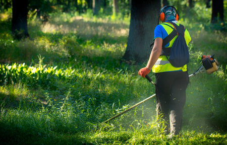 The gardener mows weeds. small parts of vegetation scatter in different directions close up